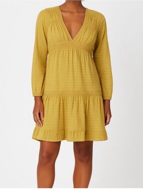 NWT Lumiere Yellow Ruffle Tiered Mini Sundress Bishop Long Sleeve V- Neck Small